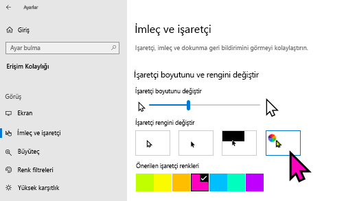 Windows 10 Ayarları uygulamasında işaretçi boyutunu ve rengini değiştirme