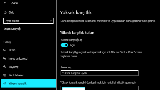 Windows 10 Ayarlar uygulamasında yüksek karşıtlığı açın.