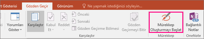Office'in Gözden Geçir sekmesindeki Mürekkep Oluşturmayı Başlat düğmesini gösterir