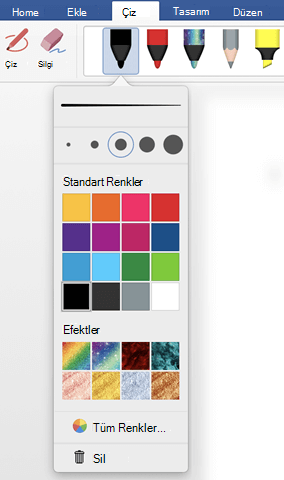 Çiz sekmesindeki Office kalem galerisinde kalem için sağlanan renk ve kalınlık seçenekleri