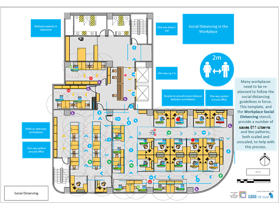 具有社交距离平面图的 Visio 模板。