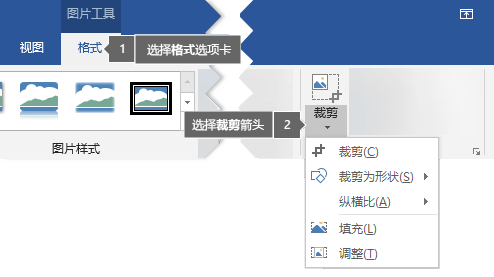 在“图片工具”下的“格式”选项卡上找到的“裁剪”按钮