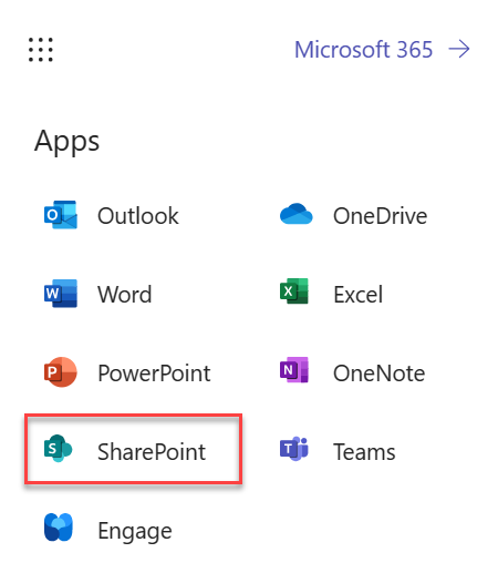 如何從 M365 啟動 SharePoint 的螢幕快照