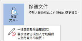 已選取 [保護文件] 控制項，顯示 [永遠以唯讀方式開啟] 選項。