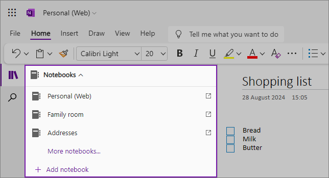 Captura de ecrã da lista de exemplos do menu pendente de blocos de notas do OneNote