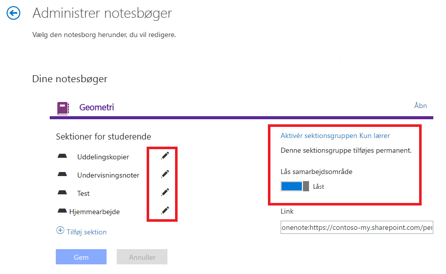 Indstillinger for administration af notesbøger