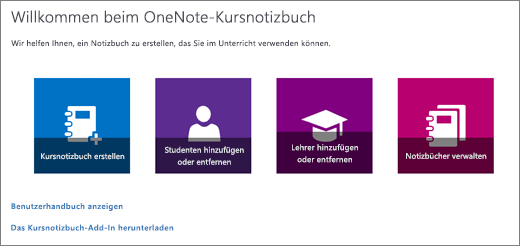 OneNote-Assistent für Kursnotizbücher mit den Symbolen "Kursnotizbuch erstellen", "Schüler hinzufügen/entfernen", "Lehrer hinzufügen/entfernen" und "Notizbücher verwalten".