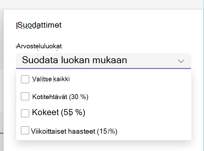 Näyttää laajennetut arviointiluokat tehtäväluettelossa