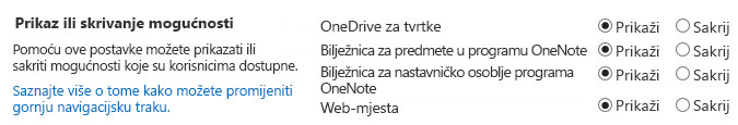 Snimka zaslona s mogućnostima prikaza/sakrivanja