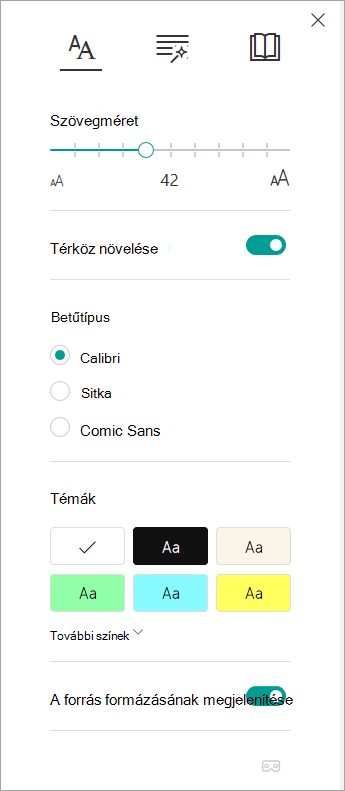 Szövegbeállítások a Modern olvasó.