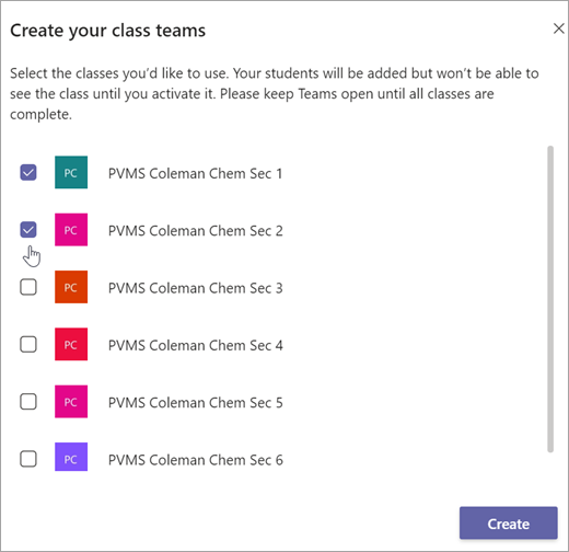 Buat jendela tim kelas Anda. Pilih kotak centang untuk memilih kelas.