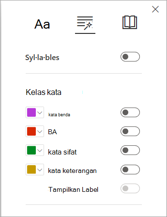 Opsi tata bahasa di Pembaca Imersif