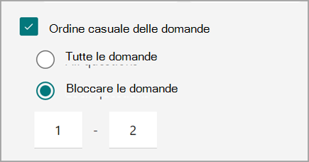 Screenshot dell'impostazione test/modulo per la riproduzione casuale e il blocco delle domande del test.