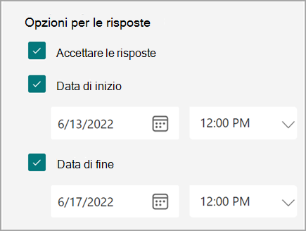 Screenshot delle impostazioni del modulo/test in cui gli utenti possono impostare una data di inizio e di fine per le risposte.