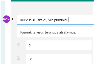 Bendraautoriaus inicialai rodomi šalia apklausos klausimo