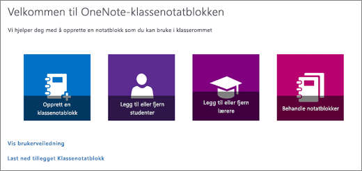 Veiviseren for klassenotatblokken i OneNote med ikoner for å opprette en klassenotatblokk, legge til eller fjerne elever, legge til eller fjerne lærere og administrere notatblokker.