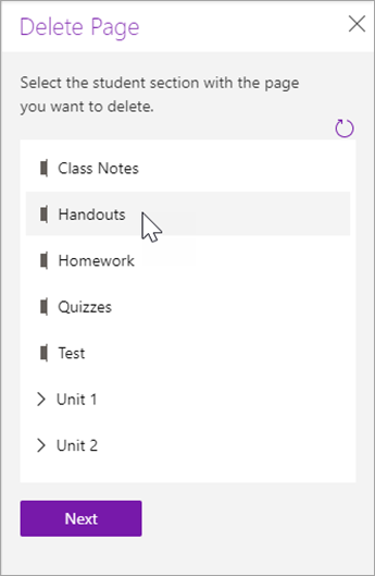 Choose the student section with the page you want to delete.