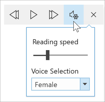 screenshot of the Immersive reader voice options toolbar. The mouse hovers over settings revealing a toggle for reading speed and dropdown for voice selection