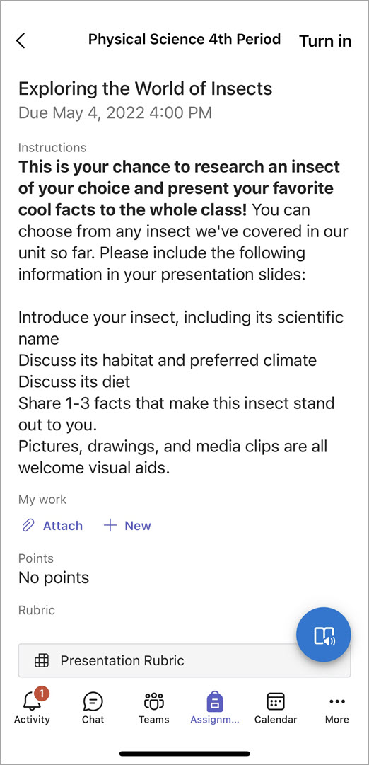 Screenshot of what students see when they submit assignment in mobile Teams.