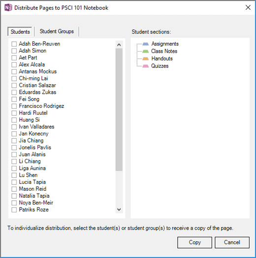 Distribute Pages pane with a list of individual student names with checkboxes and a list of destination student notebook sections..