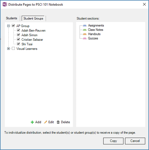 The Distribute Pages pane in Class Notebook containing a list of Student Groups with checkboxes and a list of destination sections in the students' notebooks.