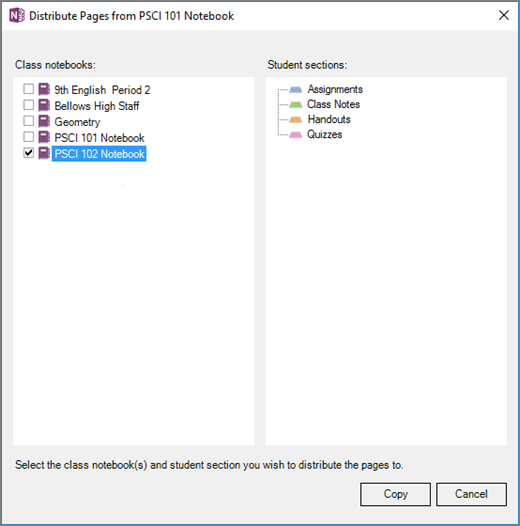 Cross Notebook Distribution pane in Class Notebook with a list of Class Notebooks with checkboxes and a list of student notebook destination sections.
