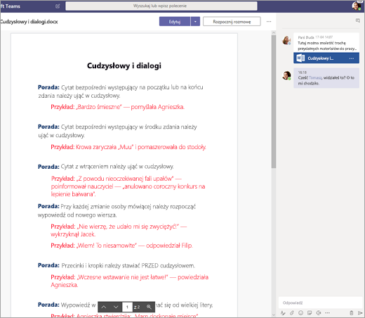 Uczniowie współpracujący nad dokumentem w usłudze Teams.