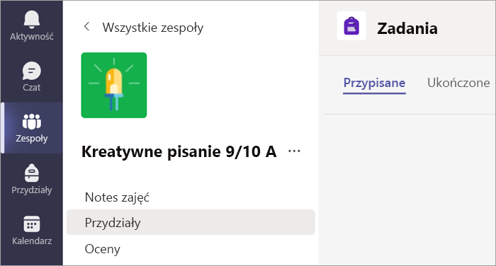 Wybierz kartę Zadania, aby wyświetlić zadania w jednej klasie.