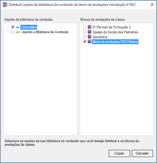 Painel de Distribuir Biblioteca de Conteúdo com uma lista de seções de Biblioteca de Conteúdo e uma lista de Blocos de Anotações de Classe como destinos.