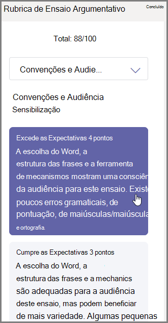 Selecione a nota que lhes pretende atribuir para a secção selecionada e escreva os comentários na parte inferior