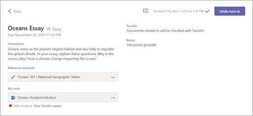 Student view of Turnitin score after assignment has turned in