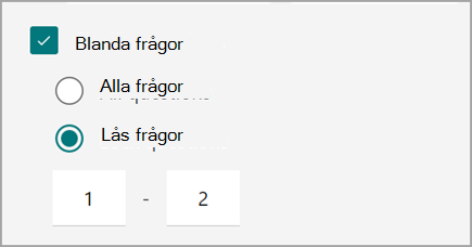 Skärmbild av test/formulärinställning för att blanda och låsa testfrågor.