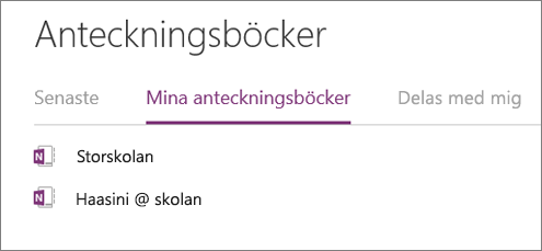 Anteckningsbok för lärare i avsnittet Mina anteckningsböcker på OneNote för webben