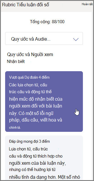 Chọn điểm bạn muốn gán cho phần đã chọn và nhập phản hồi ở dưới cùng