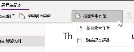 [檢閱學生作業] 按鈕。 檢閱學生作業和跨筆記本檢閱是選項。