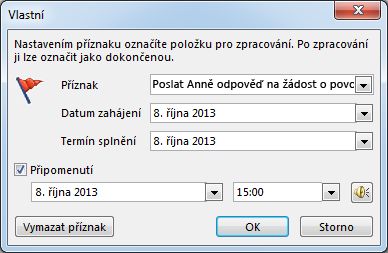 Dialogové okno Vlastní pro nastavení připomenutí a termínů zahájení a splnění