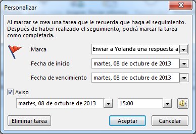 Cuadro de diálogo Personalizar para definir avisos y fechas de inicio y vencimiento