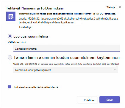 Valintaikkuna, jonka saat, kun siirryt lisäämään Tehtävät Planner ja Tehtävät-välilehden Teams-kanavalle.