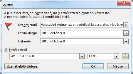 Az Egyéni párbeszédpanel az emlékeztetők, a kezdő időpont és a határidő beállításához