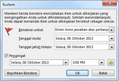 Kotak dialog Kustom untuk mengatur pengingat, tanggal mulai, dan tanggal selesai