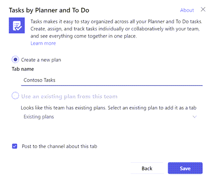 The dialog box you get when you go to add a Tasks by Planner and To Do tab to a Teams channel.