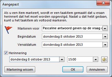 Dialoogvenster Aangepast voor het instellen van herinneringen, begin- en einddatums en deadlines