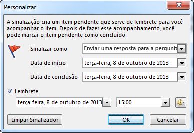 Caixa de diálogo Personalizado para definição de lembretes, datas de início e datas de conclusão