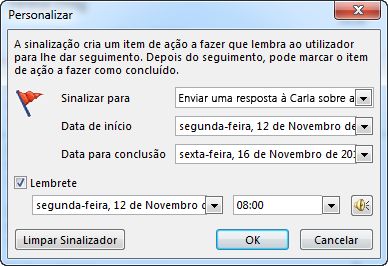 Caixa de diálogo Personalizar para definir lembretes, datas de início e de conclusão
