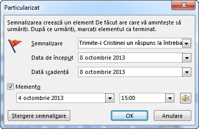 Caseta de dialog particularizată pentru setarea mementourilor, a datei de început și a celei de sfârșit