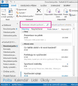 Pole okamžitého hledání nad seznamem zpráv