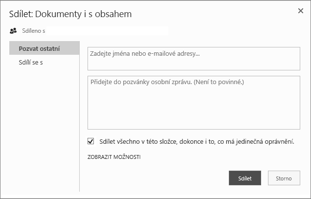 Dialogové okno Sdílet