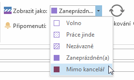 Zobrazit můj stav pro tuto schůzku jako Mimo kancelář