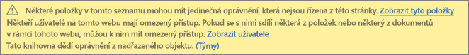 Obrázek znázorňující zprávu pro jedinečná oprávnění seznamu nebo knihovny