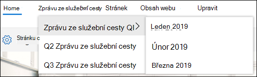 Příklad kaskádové nabídky SharePointu